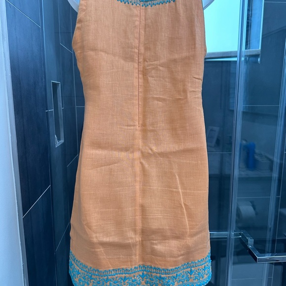 Embroidered Orange Midi Tank Dress with Turquoise Detail Linen Size 4 Small - Picture 5 of 10